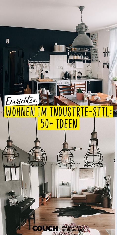 Wohnen im Industrial Style: Wir zeigen euch, wie ihr euch den Fabrik-Charme nach Hause holt! bom_dia_maria und  misslisameloni zeigen wie sie mit Lampen, Metall und viel Schwarz den Industrie-Stil in Küche und Wohnzimmer holen! #industrial #einrichten #einrichtungsideen #wohnen #COUCHstyle Stil Industrial, Inside Design, Household Furniture, House Windows, Kitchen Area, Front Room, Present Day, Industrial Style, About Us