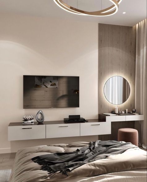 Storage Tv Unit, Sleeping Room Design, Bedroom Tv Wall, Bedroom Style, Tv In Bedroom, Bedroom Decor Design, Home Decoration Ideas, Bedroom Bed Design, Tv Unit Design