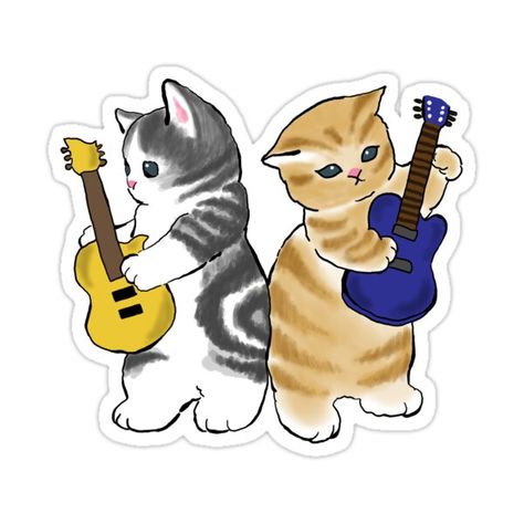 Cat Holding Guitar Drawing, Cat Playing Instrument Drawing, Cat And Dog Stickers, Guitar Stickers Printable, Cat With Guitar Drawing, Cat Playing Guitar Drawing, Cute Kawaii Stickers Printable, Decorate Guitar, Printable Stickers For Journal