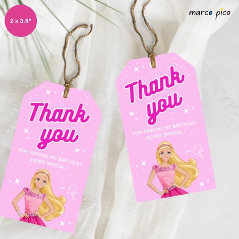 "Pink Doll themed Party Favors Tags - Editable Pink Doll Birthday Thank You Label - Printable Girl Party Gift Thank You Tag Create your personalized birthday party with pink doll themed thank you tags! Download, print or send online. Easy to customize, using our editable template design.  MATCHING ITEM: Birthday Invite: https://www.etsy.com/listing/1548864734/pink-doll-themed-birthday-invitation Welcome Sign: https://www.etsy.com/listing/1608682388/pink-doll-themed-birthday-welcome-sign Thank You Card: https://www.etsy.com/listing/1608746758/pink-doll-themed-thank-you-card-template No physical product will be sent to you. THIS IS AN INSTANT DOWNLOAD EDITABLE TEMPLATE FOR SELF-PRINTING.  HOW IT WORKS? After purchasing, you will automatically receive access to a PDF file with a link to the C Barbie Gift Tags Free Printable, Barbie Thank You Card, Barbie Thank You Tags, Barbie Invitation, Barbie Birthday Invitations, Barbie Invitations, Birthday Party Invitations Free, Barbie Gifts, Girls Party Favors