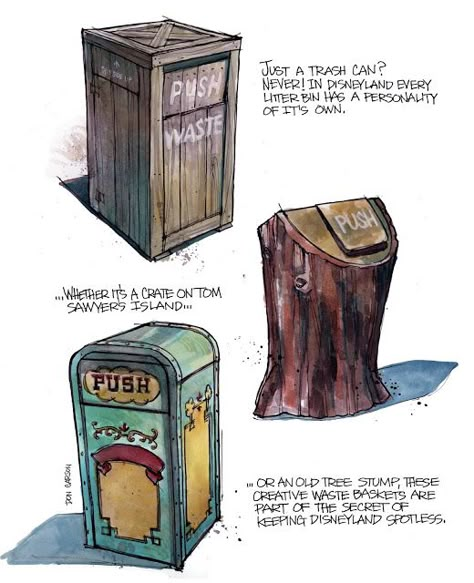 Trash Can concept art by #DonCarson Concept Art Architecture, Trash City Concept Art, Theme Park Concept Art, Disneyland Sketch, Disneyland Concept Art, Disney Park Concept Art, Theme Park Illustration Concept Art, Robinson The Journey Concept Art, Vacation Ideas