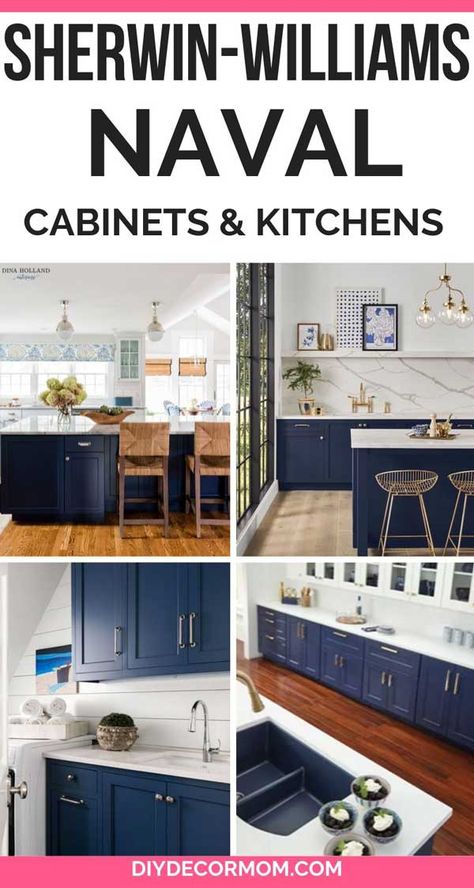 IN LOVE with these Sherwin-Williams Naval cabinets and kitchen islands! See everything you need to know about painting your kitchen island dark navy blue like SW Naval 6244, plus exterior pics, accent walls, SW Naval Front doors, and color palette! Even see SW Naval vs. Hale Navy! #swnaval #sherwinwilliams #navy #navypaint #diydecormom Navy Gold White Kitchen, Farmhouse Kitchen With Navy Cabinets, Sherwin Williams Blue Kitchen Island, Sherwin Williams Hale Navy Cabinets, Naval Sherwin Williams Kitchen, Blue Accent Walls Living Room, Naval Island Kitchen, Navy Blue Painted Kitchen Cabinets, Navy Blue Appliances