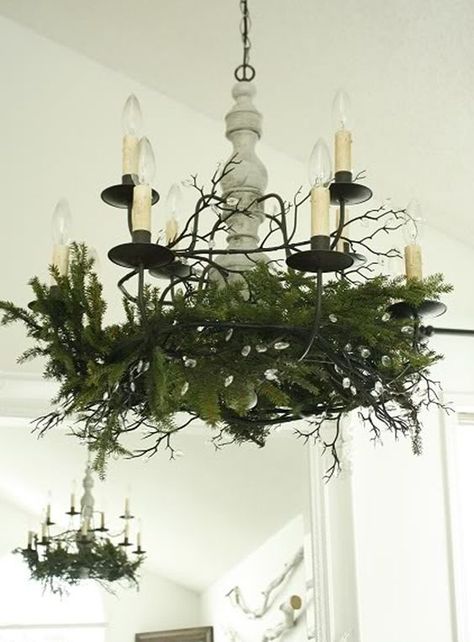 chandelier decorating Chandelier Greenery, Christmas Chandeliers, Decorate Chandelier, Scandinavian Christmas Trees, Christmas Chandelier, Chandelier Decorations, Hanging Christmas Stockings, French Country Christmas, Evergreen Christmas