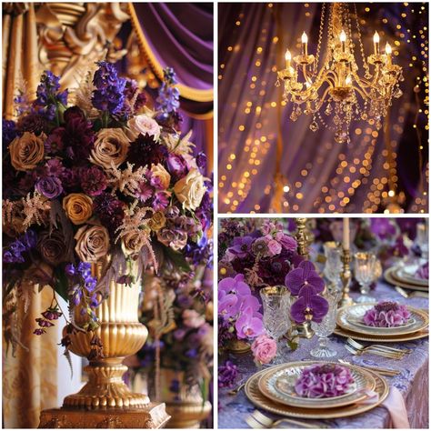 Luxurious Royal Purple and Gold Wedding Ideas Purple And Gold Wedding Decorations, Royal Purple And Gold Wedding, Purple And Gold Aesthetic, Purple And Gold Wedding Theme, Gold Flower Bouquet, Purple And Gold Wedding, Royal Theme, Gold Wedding Ideas, Gold Wedding Theme