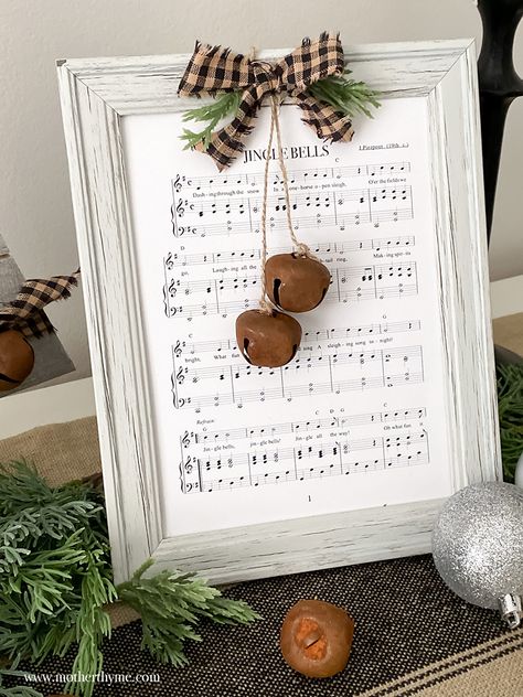 Christmas Wall Signs Diy, Mother Thyme Crafts, Small Crafts To Sell, Music Sheet Crafts, Crafts With Books, Christmas Theme Ideas, Vintage Diy Crafts, Jingle Bells Sheet Music, Haunted Farmhouse