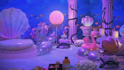 ACNH Animal Crossing: New Horizon island decoration and interior design ideas from Turtlandia Happy Home Paradise! Acnh Mermaid Room Ideas, Animal Crossing Underwater, Marina Happy Home Paradise, Acnh Marina House Ideas, Marinas Underwater Palace Acnh, Acnh Underwater Room, Mermaid Room Acnh, Mermaidcore Animal Crossing, Acnh Dreamy Island