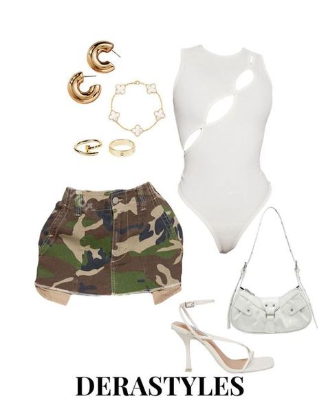 Gold Outfits For Women Casual, Camo Skirt Outfit Baddie, Camo Skirt Outfit Black Women, Camo Mini Skirt Outfit, Summer Polyvore Outfits, Camo Outfits For Women, Camo Skirt Outfit, Mini Skirt Outfit Black Women, Cute Camo Outfits