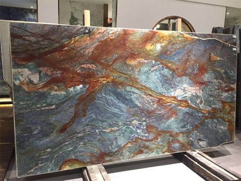 Van Gogh Blue, Quartzite Kitchen Countertops, Blue Granite Countertops, Onyx Countertops, Quartzite Kitchen, Travertine Colors, Brown Granite, Blue Granite, Yellow Marble