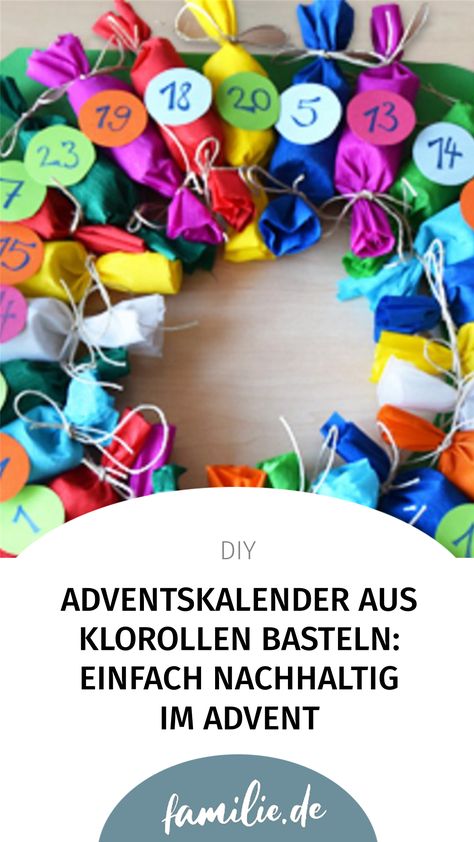 Ihr wollt nichts neu kaufen? Dann bastelt diesen Adventskalender aus 24 Klorollen und Kreppapier. Das ist auch für kleine Kinder gut machbar. No Waste, Advent