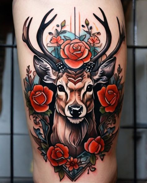 Neo Traditional Deer Tattoo, Deer Woman Tattoo, Traditional Elk Tattoo, Buck And Doe Tattoo, Traditional Deer Tattoo, Stag Tattoo Design, Buck Tattoo, Elk Tattoo, Doe Tattoo