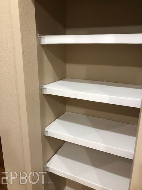 White Pantry Shelves, Wire Shelves Pantry, Hide Wire Shelves, White Wire Shelving Closet Organization Ideas, How To Cover Wire Shelving, Cover For Wire Shelving, White Wire Shelving Makeover, How To Clean Wire Closet Shelves, Wire Shelving Cover