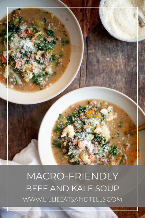 Cozy up with a yummy bowl of beef and kale soup this season! It's sure to warm your soul while still helping you meet your fitness goals. Enjoy! Beef And Kale Soup, Ground Beef Kale Soup, Gluten Free Baguette, Parmesan Squash, Pork Ragu, Cooking With White Wine, Eat Beef, Kale Soup, Macro Friendly Recipes