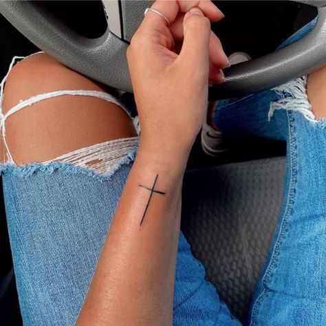 Feminine Wrist Tattoos, Tattoos Feminine, Wrist Tattoos Words, Cross Tattoo On Wrist, Simple Cross Tattoo, Wrist Tattoo Ideas, Wrist Tattoo Designs, Simple Tattoos For Women, Basic Tattoos