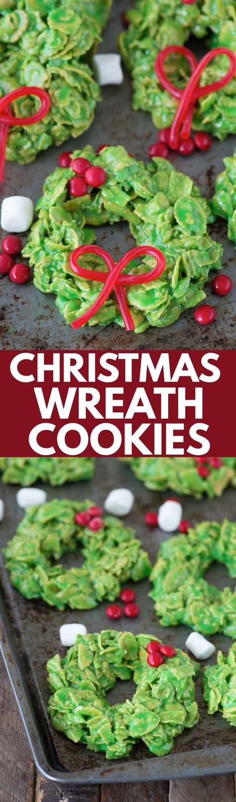 No bake christmas wreath cookies made with corn flakes and marshmallows! These only take 20 minutes to make! Cornflake Wreaths, No Bake Christmas, Christmas Wreath Cookies, Bake Christmas, Corn Flake, Wreath Cookies, Diy Treats, Xmas Cookies, Corn Flakes