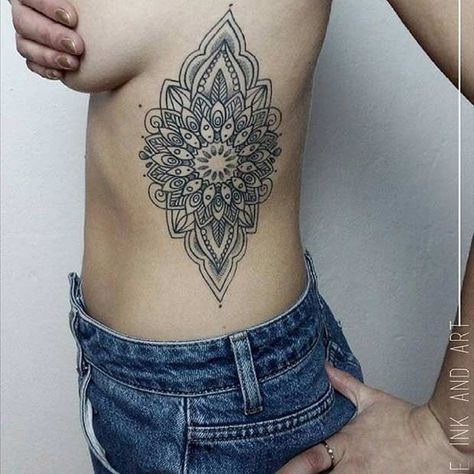 Women's Floral Rib Mandala Tattoo Idea #tattoosforwomen Mandala Arm Tattoo, Dotwork Tattoo Mandala, Maching Tattoos, Lower Leg Tattoos, Mandala Hand Tattoos, Tattoos Mandala, Tattoo Henna, Intricate Tattoo, Inspiration Tattoo