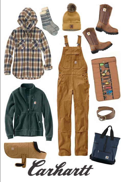 Layer up with all our favorites. Carhartt womens workwear. Farmer Style Outfits Women, Farm Clothing Womens, Construction Attire For Women, Womens Outdoor Work Clothes, Carhartt Coveralls Women, Outdoor Workwear Women, Carhartt Aesthetic Women, Farm Attire Women, Woman Construction Outfits