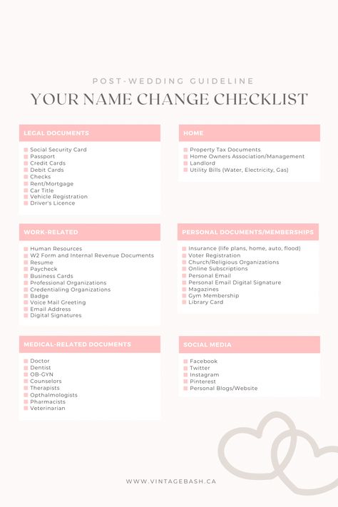 Post Marriage Checklist, Marriage License Checklist, How To Change Your Name After Marriage, Changing Name After Marriage Checklist, Name Change Checklist Marriage, Wedding Name Change, Name Change Checklist, Marriage Name Change, Wedding Hacks