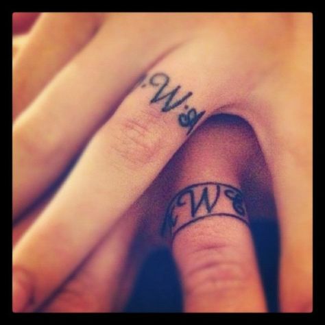 Marriage Tattoos Ring Finger, Wedding Band Tattoos, Tattoo Initials, Tattoos Ring, Wedding Rings Tattoo, Wedding Ring Tattoos, Marriage Tattoos, Tattoo Letters, Wedding Band Tattoo