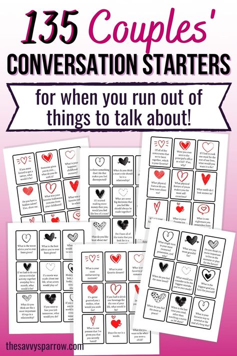 Looking for easy date night ideas? Grab these printable conversation cards and use the conversation starters to keep the conversation flowing! Great questions to ask your spouse or boyfriend, including funny, flirty, and deep questions. Perfect conversation starters for married couples! Connection Cards Couples, Conversation Cards For Couples, Questions For Couples To Reconnect, Husband Questions, Marriage Questions, Date Night Questions, 100 Questions To Ask, Table Topics, Deep Conversation Starters