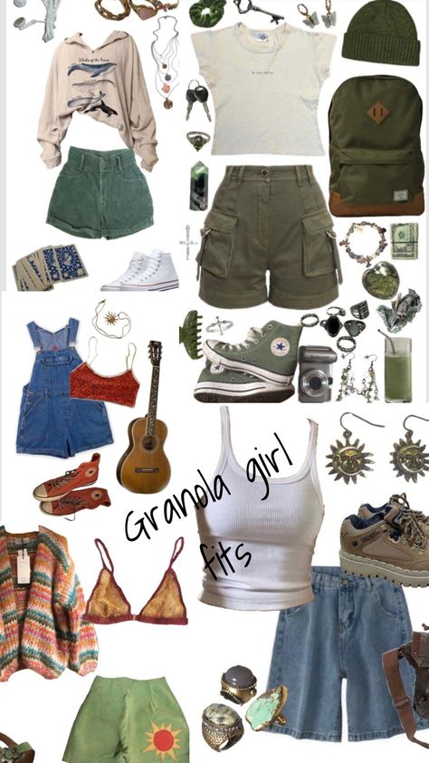 #granolagirl #outfitinspo Cute Outfits For Summer Camp, Cute Granola Girl Outfits, Granola Style Outfits Summer, Camp Counselor Aesthetic Outfits, Gronala Girl Outfit, Nature Girl Outfits, Outdoorsy Style Summer, Summer Camp Fits, Nature Outfits Aesthetic