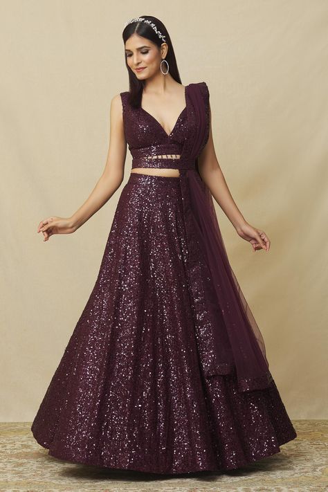 Shop for these amazing collections of Maroon Georgette Embroidered Embellished Lehenga Set For Women by Angad Singh online at Aza Fashions. Sequin Lehenga Designs, Purple Sequin Lehenga, Burgundy Lehenga, Sangeet Lehengas, Lehenga Simple, Wine Dresses, Marriage Clothes, Sequins Lehenga, Sequence Lehenga