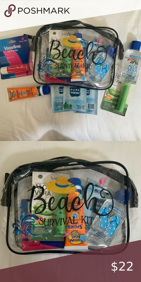 All New Beach Survival Kit Beach Survival Kit, Aloe Vera Lip Balm, Vinyl Pouch, Vaseline Lip Therapy, Lip Therapy, Vaseline Lip, Vinyl Bag, Banana Boat, Aloe Vera Gel