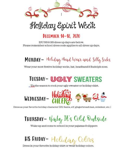 Christmas Themed Spirit Week, Christmas Themes For Work, Christmas Theme Dress Up Days, Thanksgiving Spirit Week Ideas For Work, Winter Dress Up Days For School, Christmas Week Ideas School, Christmas Resident Events, Christmas Dress Up Days For Work, Employee Christmas Party Games