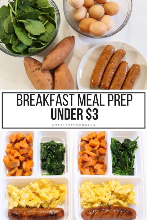 Sweet Potato Breakfast Meal Prep Under $3 per meal ------------ Fluffy scrambled eggs, chicken sausage, spinach, and seasoned sweet potatoes to get your morning started. #mealprep #mealprepmondays #breakfast #healthybreakfast Sweet Potato Breakfast Meal Prep, Chicken Sausage Breakfast, Sweet Potato And Eggs Breakfast, Sweet Potato Breakfast Recipes, Sweet Potato Nutrition, Roasted Breakfast Potatoes, Meal Prep On Fleek, Breakfast Ingredients, Breakfast Prep