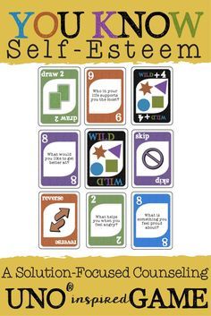 UNO Self-Esteem Game. Fun Solution Focused Counseling Intervention. Counseling Activities Communication, Self Esteem Games, Rapport Building Activities Therapy, Therapeutic Games, Counseling Games, Solution Focused Therapy, Beauty Books, Books Funny, Self Esteem Activities