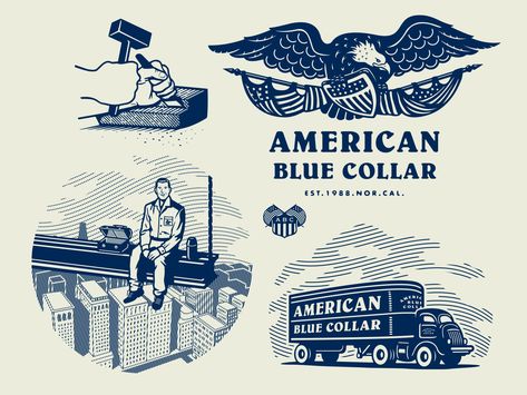 American Blue Collar - Illustration series by Emir Ayouni for The Forefathers Group on Dribbble Collar Illustration, Culture Illustration, Building Science, American Logo, Americana Design, Typographic Logo Design, Americana Vintage, Vintage Badge, Illustration Series