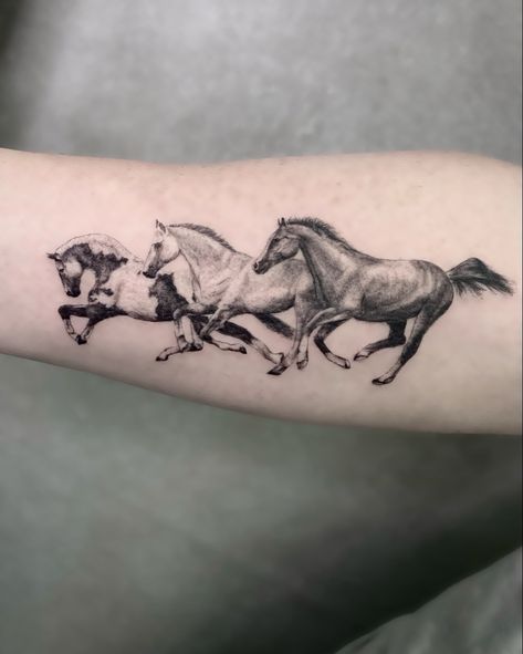 Horse Forarm Tattoos, Race Horse Tattoo Ideas, Horse Family Tattoo, Horse Arm Tattoos For Women, Two Horses Tattoo, Horse Tattoo Ideas For Women Arm, Galloping Horse Tattoo, Three Horses Tattoo, 3 Horses Tattoo