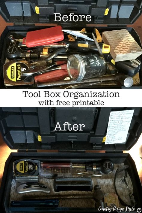 Tool box organization with printable | Country Design Style | countrydesignstyle.com Portable Tool Box Organization Ideas, Mechanic Notes, Tool Box Organization Ideas, Truck Toolbox Organization, Toolbox Organization, Toolbox Organizer, Tool Bag Organization, Box Organization, Attic Organization