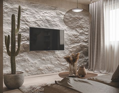 Walls For Living Room, Plaster Accent Wall, Stone Tv Wall, Stone Wall Interior Design, Wabi Sabi Home Decor, Stone Walls Interior, Stone Wall Design, Mediterranean Interior, Diy Wall Painting