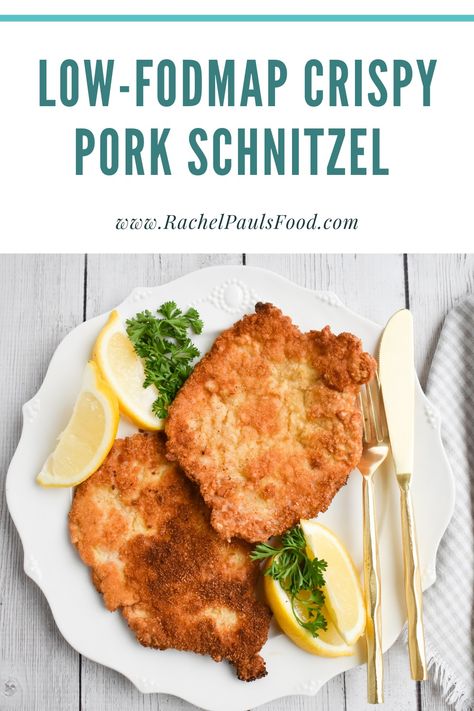 Low-FODMAP Crispy Pork (or Chicken) Schnitzel; Gluten-free, Dairy-free Fodmap Slow Cooker, Ibs Diet Recipes, Fodmap Meals, Ibs Friendly Food, Fodmap Recipes Dinner, Low Fodmap Recipes Dinner, Low Fodmap Chicken, Fodmap Friendly Recipes, Schnitzel Recipes