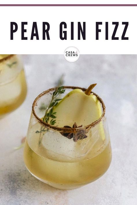 This Pear Gin Fizz Cocktail is the perfect drink for your next fall/winter gathering – or for a happy hour at home! This festive cocktail is bubbly, slightly tart, yet sweet and refreshing! #pears #gin #fallcocktails Pear Gin Fizz, Pear Gin, Pear Drinks, Happy Hour At Home, Fizz Drinks, Gin Fizz Cocktail, Winter Gathering, Pear Cocktails, Fizz Cocktail