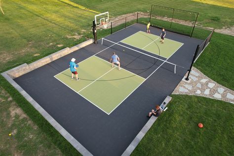 Backyard With Pool And Pickleball Court, Basketball Tennis Court, Pickleball Courts Design, Pickleball Basketball Court Backyard, Residential Pickleball Court, Backyard Pickleball Court Landscaping, Multisport Court Backyard, Pickleball Basketball Court, Home Pickleball Court Ideas