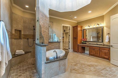 Hidden Walk In Shower Master Suite, Master Bathrooms With Walk In Showers No Doors, Open Master Bath And Bedroom, Amazing Showers Walk In, Walk Through Shower Behind Tub, Walk Through Showers, Master Bath Floor Plans, Doorless Showers Walk In Master Bath, Barndominium Inspiration