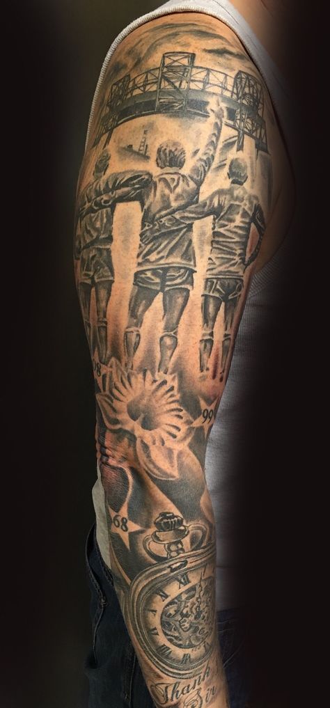 Man Utd. Sleeve by Toby Harris Football Sleeve Tattoo, Man United Tattoo, Tattoo Ideas Soccer, Sports Tattoos For Men Ideas, Manchester United Tattoo Ideas, Football Tattoo Ideas For Men, Man United Logo, Hooligans Tattoo, Man Utd Tattoo