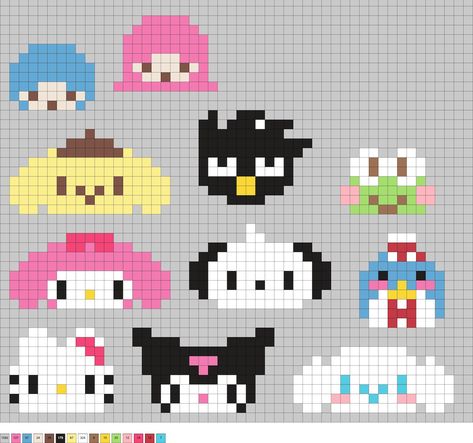 Sanrio Square Art, Hello Kitty Characters Pixel Art, Sanrio Iron Beads, Sanrio Characters Perler Beads, Sanrio Pixel Art Grid Small, Easy Pixel Art Sanrio, Sanrio Cinnamoroll Pixel Art, Kuromi Bead Pattern, Cute Pixel Art Sanrio