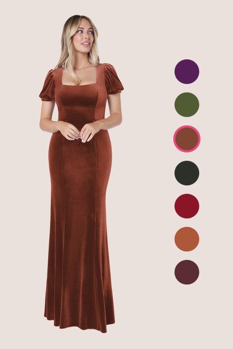 Lizabet is the perfect velvet sheath dress for anyone looking for something cute and modest. She features a flattering square neckline that leads to her back keyhole. Her puff sleeves are a lovely addition for shoulder coverage. Terracotta Gown, Terracotta Bridesmaid Dress, Terracotta Bridesmaid, Velvet Bridesmaid, Velvet Sheath Dress, Velvet Bridesmaid Dresses, Military Ball Dresses, Sage Dress, Special Event Dresses