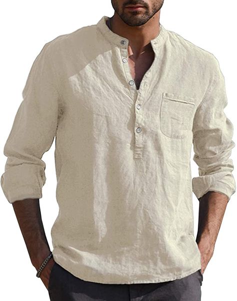 URRU Men's Linen Cotton Henley Shirt Roll-up Long Sleeve Basic Summer Shirt Band Collar Plain Yoga Tops Blouse Tee S-XXL at Amazon Men’s Clothing store Mens Linen Shirts Summer, Linen Shirt Men, Spring Shirts, Beach Shirts, Look Casual, Henley Shirts, Summer Shirts, Casual Shirts For Men, Linen Shirt