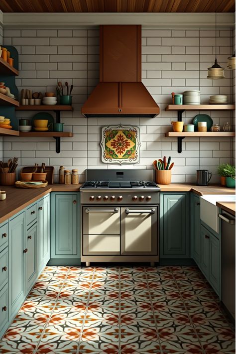 Farmhouse kitchen with patterned cement tile floor Hexagon Tiles Kitchen, Farmhouse Kitchen Flooring Ideas, Cement Tiles Kitchen, Farmhouse Kitchen Floor, Farmhouse Boho Kitchen, Hexagon Tile Kitchen, Kitchen Floor Tile Design, Farm Renovation, Dream Farmhouse Kitchen