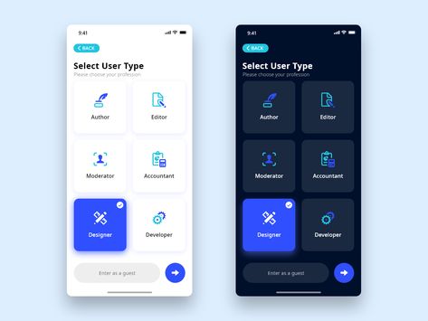 Daily UI - #64 Select User Type select user type vector blue dark icon iphone illustration ios minimal color dailyui app user interface user experience art ux ui 2d dribbble design Ux Button Design, User Interface Design Mobile App, App Icon Design Pixel, Web App Design User Interface, Button Ui Design, Iphone Illustration, Android Layout, Persona Design, Iphone Interface