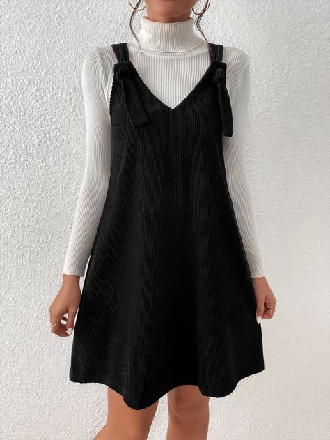 Black Casual Collar Sleeveless Fabric Plain Pinafore Embellished Non-Stretch  Women Dresses Pinafore Dress, Overall Dress, Black Casual, Women Dresses, Hijab Fashion, Overalls, Jumper, Black Dress, Sweaters For Women