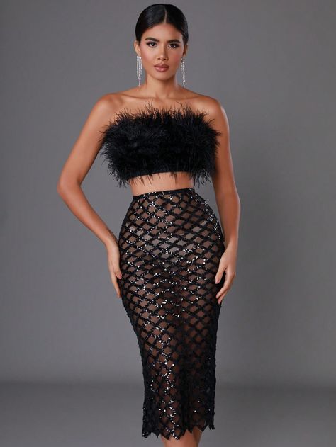 Fuzzy Trim Crop Tube Top & Sequin Pencil SkirtI discovered amazing products on SHEIN.com, come check them out! Bandeau Skirt, Crop Tube Top, Sequin Pencil Skirt, Feather Tops, Strapless Crop Top, Backless Top, Cropped Tube Top, Spring Summer Dress, Women Long Dresses