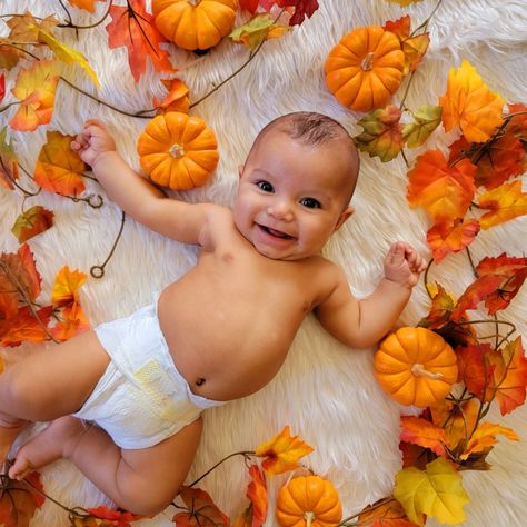 Newborn First Halloween Photo Shoot, 3month Fall Baby Pictures, Baby Pumkin Shoot, 4 Month Old Baby Photoshoot Fall, 4 Month Fall Photoshoot, 3 Month Pumpkin Pictures, Baby's First Pumpkin, Baby With Pumpkin Pictures, Fall Theme Milestone Pictures