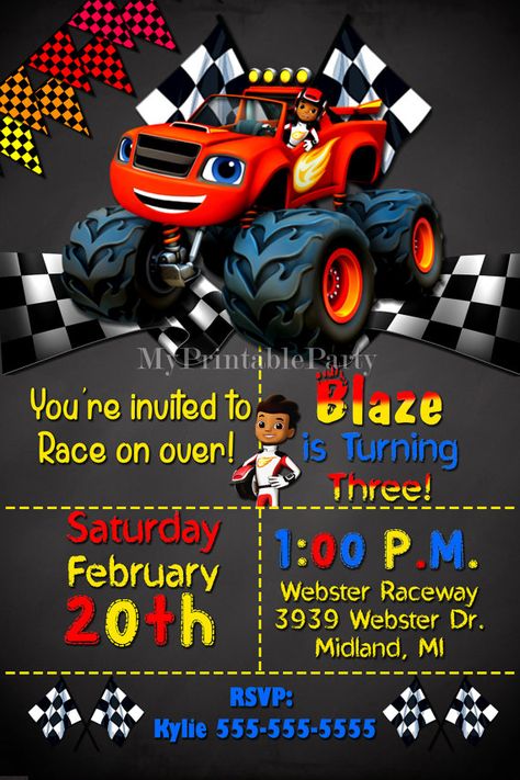 Blaze and the Monster Machines Birthday Invitations-Blaze Invitation-Monster… Blaze Birthday Invitations, Blaze Invitations, Blaze And The Monster Machine Birthday Invitations, Monster Truck Birthday Invitations Free, Free Printable Monster Truck Birthday Invitations, Monster Truck 3rd Birthday Invitations, Blaze Birthday Party, Blaze Party, Blaze And The Monster Machines Party