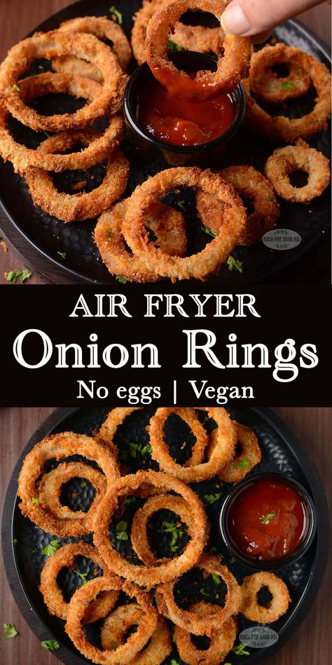 Air fryer Onion Rings (vegan) Onion Ring Recipe Air Fryer, Homemade Air Fryer Onion Rings Recipe, Ninja Crispy Air Fryer, Air Fryer Potato Chips Salt And Vinegar, Airfryer Onion Rings Recipe, Air Fryer Crispy Fried Onions, Airfryer Dinner Recipes Easy, Homemade Onion Rings Air Fryer, Air Fryer Fried Onions