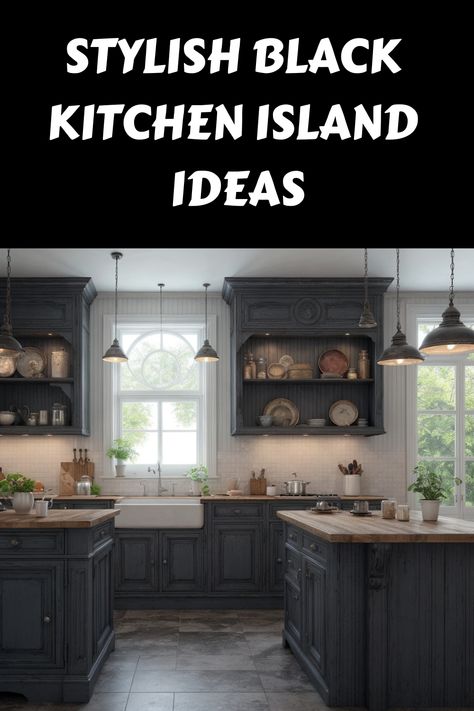 Stylish black kitchen with center island, hanging lights, and large windows. Black Kitchen Island Ideas, Kitchen Island Inspiration, Black Wood Floors, Sink In Island, Black Island, Black Kitchen Island, Kitchen Island Ideas, Kitchen Island Decor, Kitchen Games