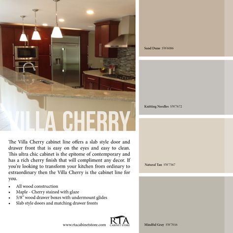 Color palette to go with our Villa Cherry kitchen cabinet line Paint Colors That Go With Cherry Wood Floors, Cherry Cabinets Kitchen Wall Color, Kitchen Paint Colors With Cherry, Mindful Grey, Cherry Wood Kitchen Cabinets, Colored Cabinets, Cherry Wood Kitchens, Bathroom Wall Colors, Cherry Wood Cabinets